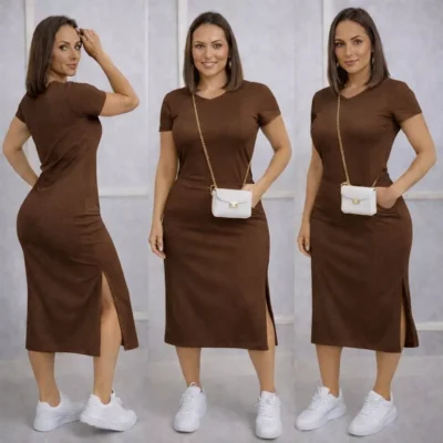 Vestido midi com bolsos e fendas para mais liberdade
